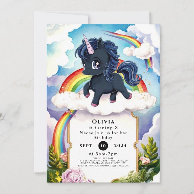 Pastel Kids Black Unicorn Birthday Inbjudningar (Framsida)