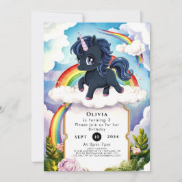 Pastel Kids Black Unicorn Birthday Inbjudningar