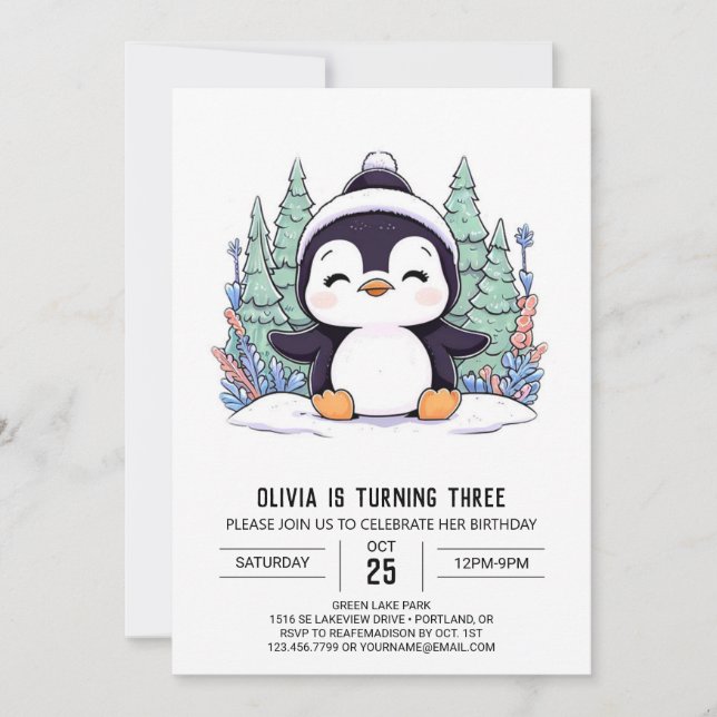 Pastel Kids Penguin Digital Birthday Inbjudningar (Framsida)