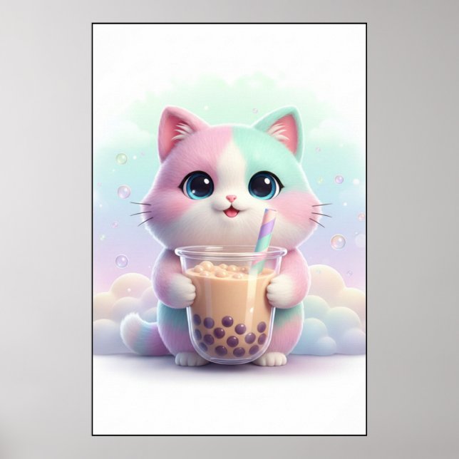 Pastel Kitty with Bubble Tea Art Poster (Framsidan)