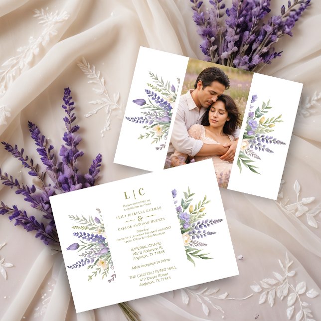 Pastel Lavender Flowers & Greenery Elegant Spring  Inbjudningar (Pastel Lavender Flowers & Greenery Elegant Spring Photo Wedding Invitations Cards.)