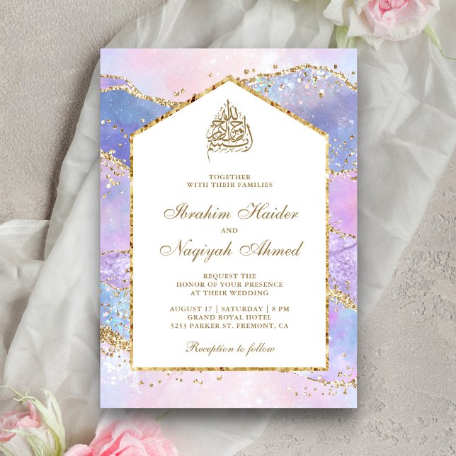 Pastel Lavender Guld Marble Arch Muslim Bröllop Inbjudningar (Skapare uppladdad)
