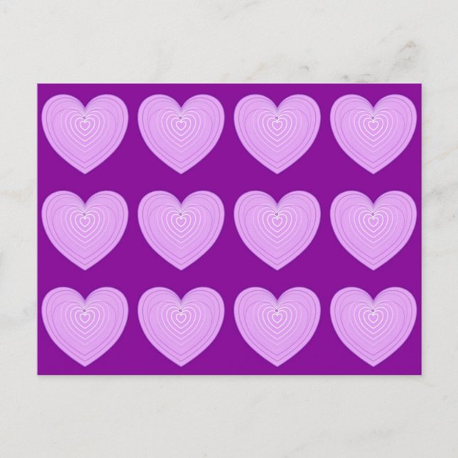 Pastel lavender-hjärtan på djup lila vykort (Framsida)