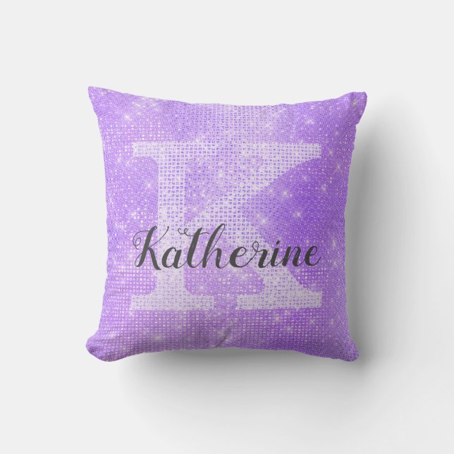 Pastel Lavender Lila Gnistra Monogram Namn Kudde (Framsida)