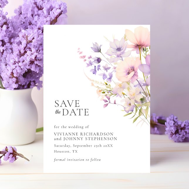Pastel Lavender Lila Violet Vild Flowers Bröllop Spara Datumet (Pastel Lavender Purple Violet Wild Flowers Wedding Save The Date)