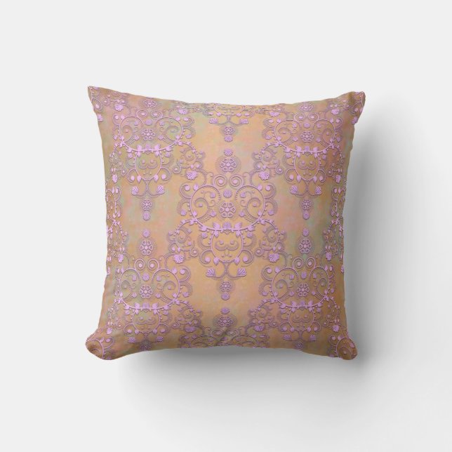 Pastel Lavender över Peachy Guld Snöre Damask Kudde (Framsida)