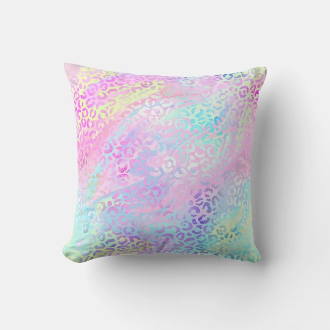 *~* Pastel Leopard Iridescent Rainbow Animal Print Kudde (Framsida)
