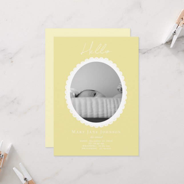 Pastel Light Gult Baby Birth Announcement Card Kort (Fram/Back In Situ)