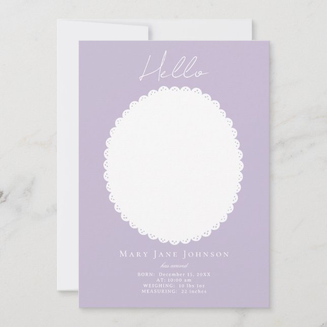 Pastel Light Lavender Baby Birth-annons Card Kort (Framsida)