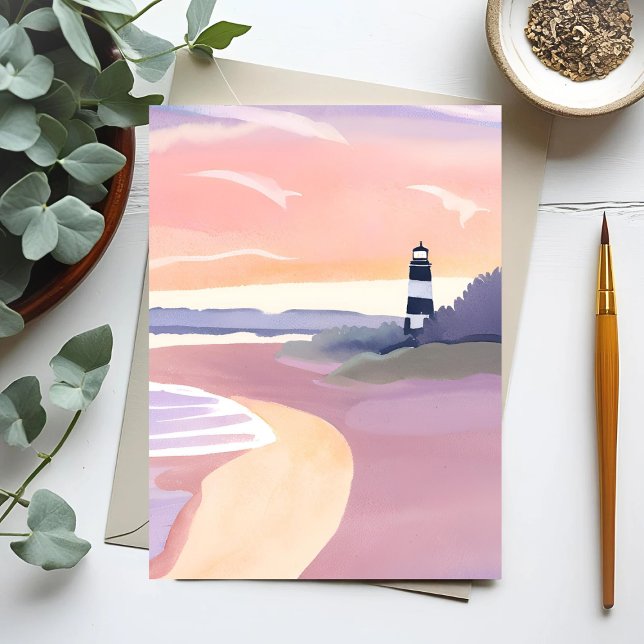 Pastel Lighthouse | Vattenfärg för kustnära båge Vykort (Skapare uppladdad)