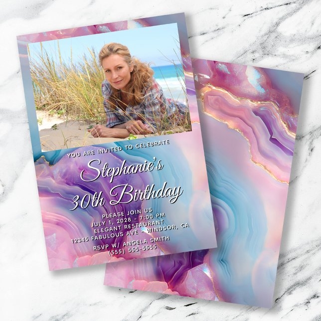 Pastel Lila Agate Photo Gräns 30års födelsedag Inbjudningar (Pastel Purple Agate Photo Border 30th Birthday Invitation)