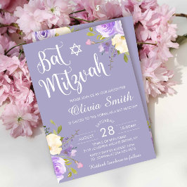 Pastel Lila Blommigt Bat mitzvah vitt skript Inbjudningar