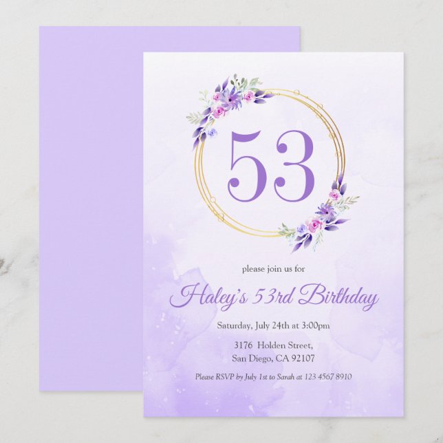 Pastel Lila Blommigt Golden Wand 53:e födelsedagen Inbjudningar (Fram/baksida)