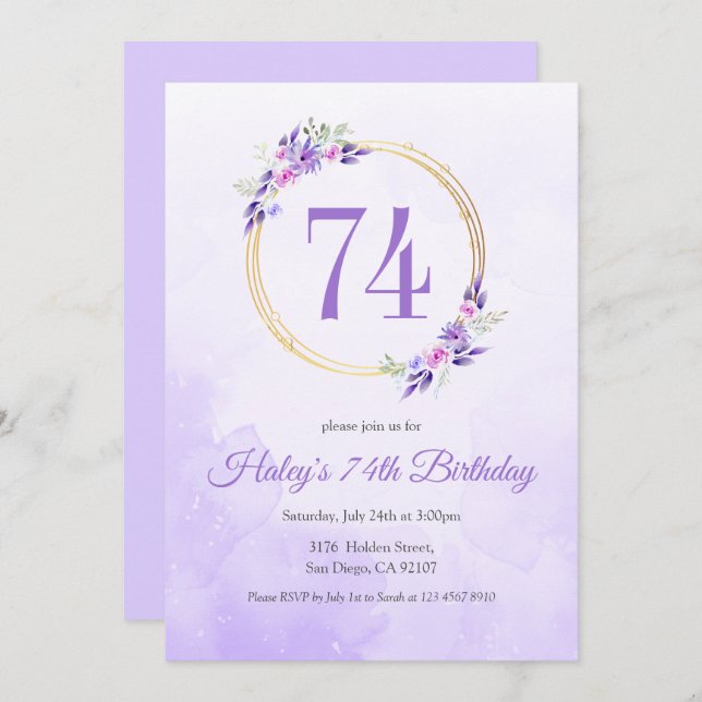Pastel Lila Blommigt Golden Wand 74:e födelsedagen Inbjudningar (Fram/baksida)