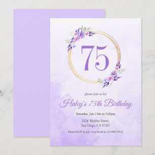 Pastel Lila Blommigt Golden Wand 75:e Birthday Inbjudningar