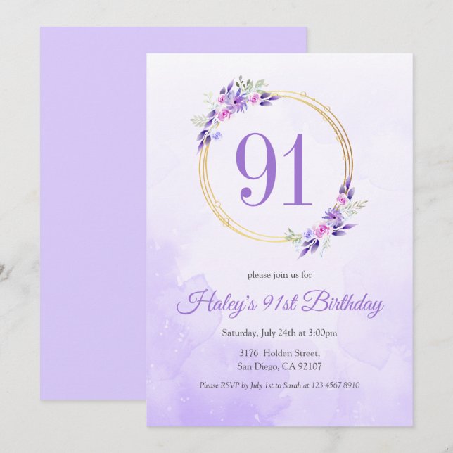 Pastel Lila Blommigt Golden Wand 91:a födelsedagen Inbjudningar (Fram/baksida)