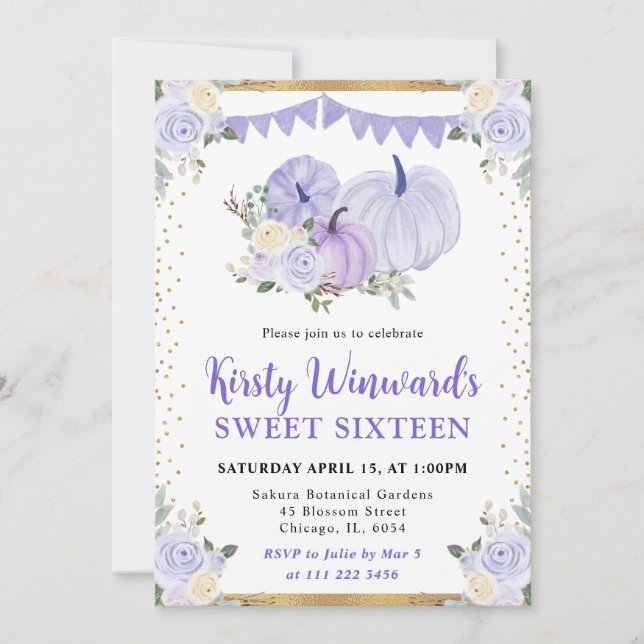 Pastel Lila Blommigt Pumpkin Fall Sweet 16 Inbjudningar (Framsida)