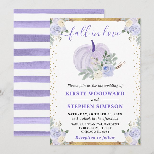 Pastel Lila Blommigt Pumpkin Fall Wedding Inbjudningar (Fram/baksida)
