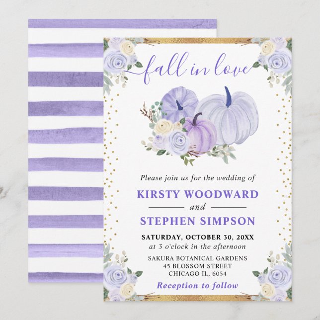 Pastel Lila Blommigt Pumpkins Fall Wedding Inbjudningar (Fram/baksida)