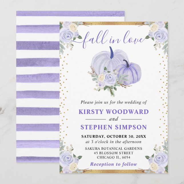 Pastel Lila Blommigt Pumpkins Fall Wedding Inbjudningar (Fram/baksida)