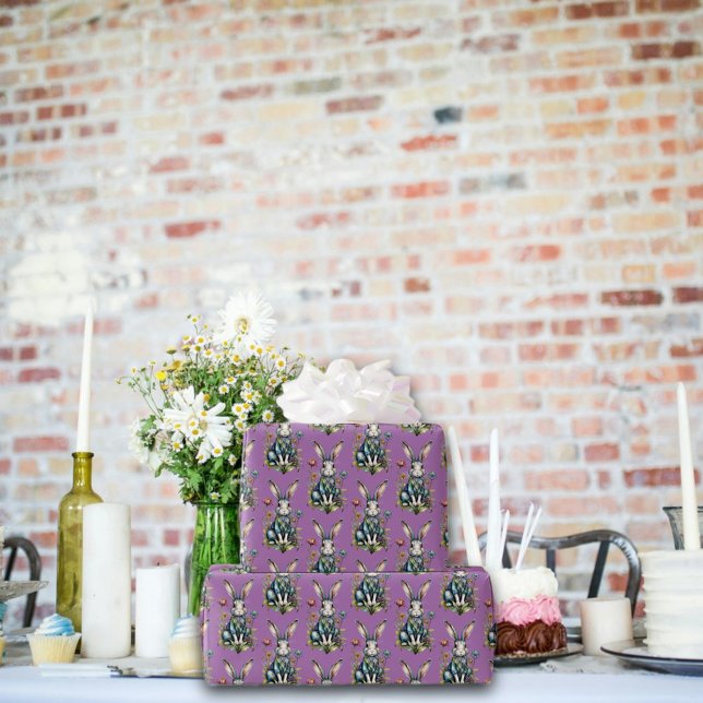 Pastel Lila Cute Watercolor Bunny Blommigt Påsk Presentpapper (Skapare uppladdad)