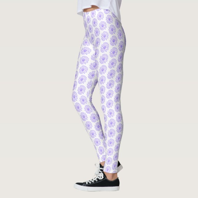 Pastel Lila Daisy Flower Print, Hippie Blommigt Leggings (Vänster)