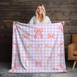 Pastel Lila Gingham & Rosa Bow Fleece Blanket