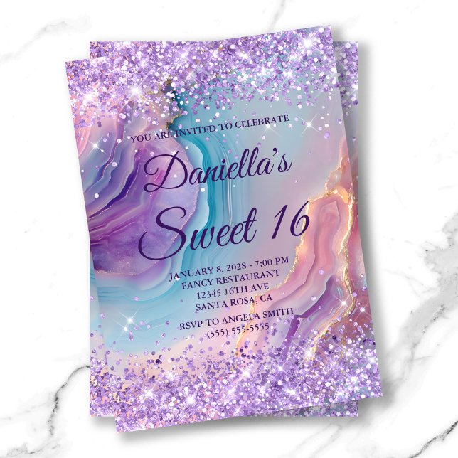 Pastel Lila Glittery Blue Rosa Agate Sweet 16 Inbjudningar (Pastel Purple Glittery Blue Pink Agate Sweet 16 Invitation)