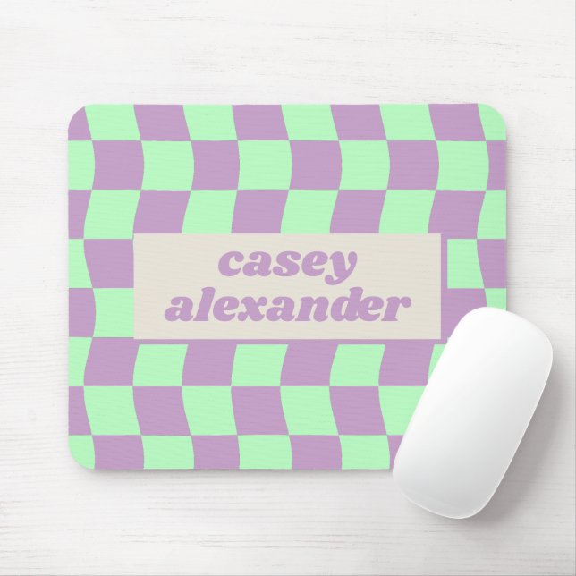Pastel Lila Grönt Vågigt Checkerboard Mönster Namn Musmatta (Med mus)