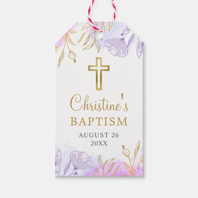 Pastel Lila Guld Blommigt Baptism Tack Presentetikett (Framsidan)