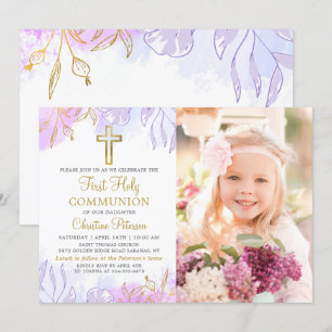 Pastel Lila Guld Blommigt First Communion Photo Inbjudningar