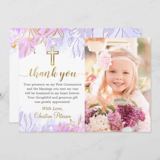 Pastel Lila Guld Blommigt First Communion Photo Tack Kort (Fram/baksida)