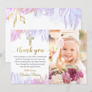Pastel Lila Guld Blommigt First Communion Photo Tack Kort
