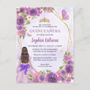 Pastel Lila Guld Blommigt Princess Quinceañera Inbjudan Vykort