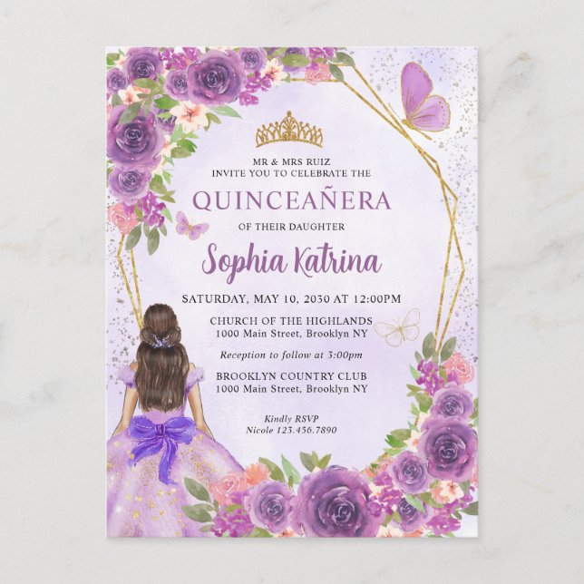 Pastel Lila Guld Blommigt Princess Quinceañera Inbjudan Vykort (Framsida)
