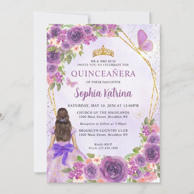 Pastel Lila Guld Blommigt Princess Quinceañera Inbjudningar (Framsida)