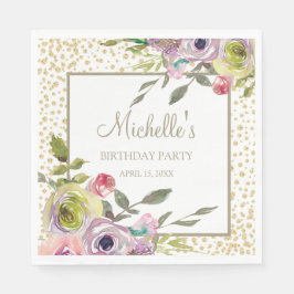 Pastel Lila Gult Blommigt Guld Glitter födelsedag Pappersservett