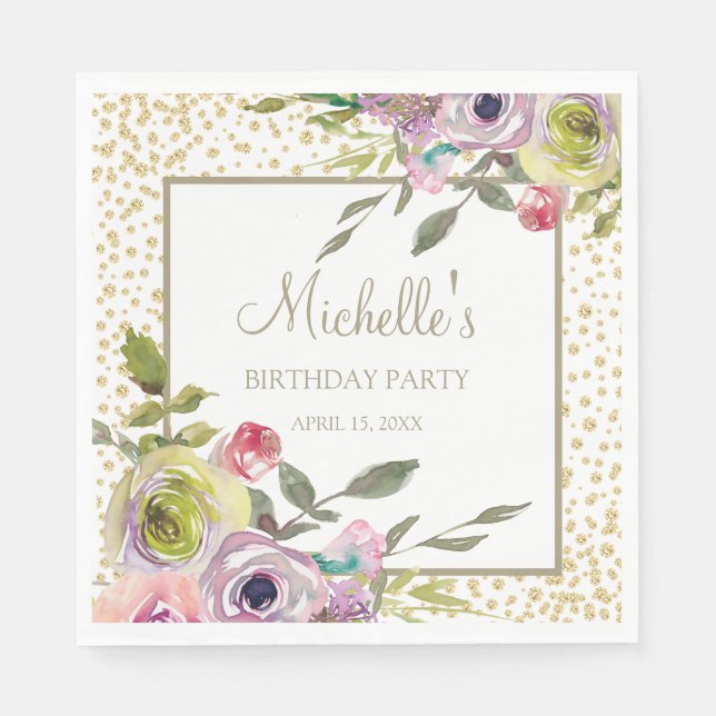 Pastel Lila Gult Blommigt Guld Glitter födelsedag Pappersservett (Framsidan)