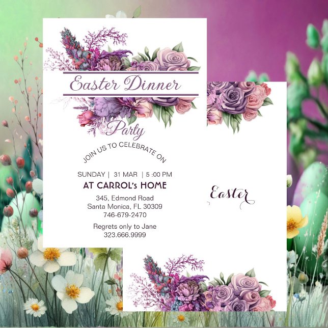 Pastel Lila Lilac Flora Ro Påsk, Party Inbjudningar (Pastel Purple Lilac Flora Rose Easter Dinner Party Invitation)