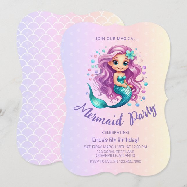 Pastel Lila Little Sjöjungfru Watercolor Birthday Inbjudningar (Fram/baksida)
