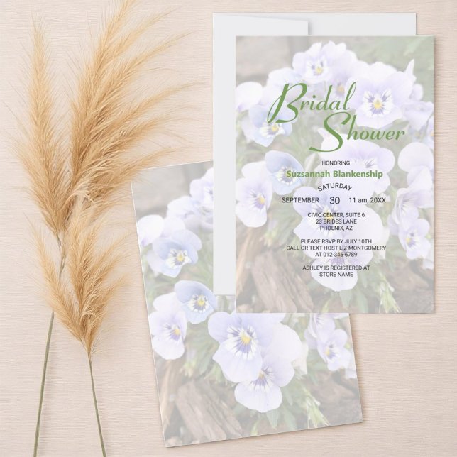 Pastel Lila Pansies Photo Möhippa Template Inbjudningar (template text on front with floral photo and floral photo back bridal shower invitation)