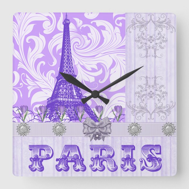 Pastel Lila Paris Square Wall Clock Fyrkantig Klocka (Framsida)