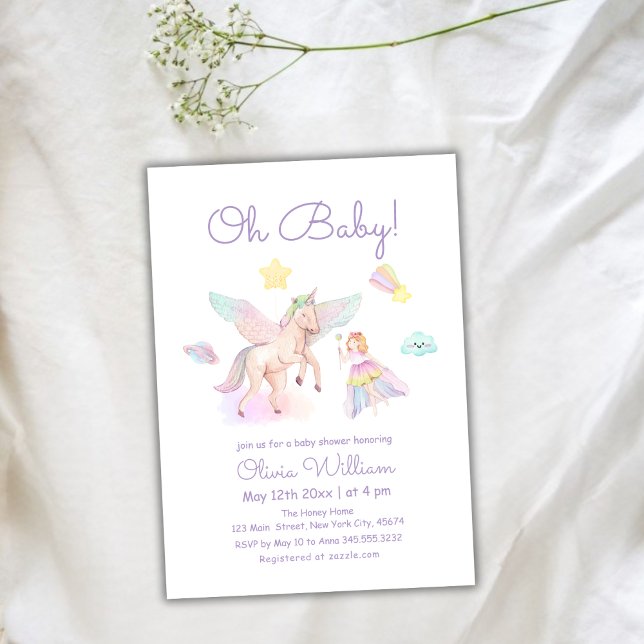 Pastel Lila Princess Unicorn Baby Shower Inbjudningar (Pastel Purple Princess Unicorn Girl Baby Shower Invitation)