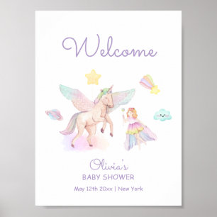 Pastel Lila Princess Unicorn Baby Shower Välkommen Poster
