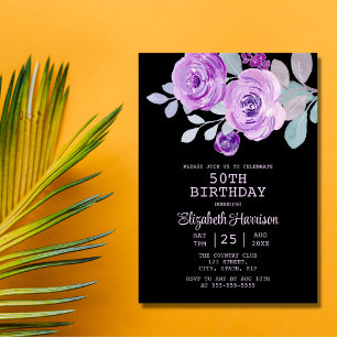 Pastel Lila Ro Blommigt Black 50:e födelsedagen Inbjudningar