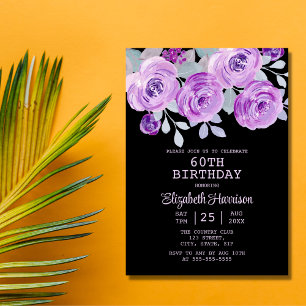 Pastel Lila Ro Blommigt Black 60:e födelsedagen Inbjudningar
