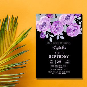 Pastel Lila Ro Blommigt Black 70:e födelsedagen Inbjudningar