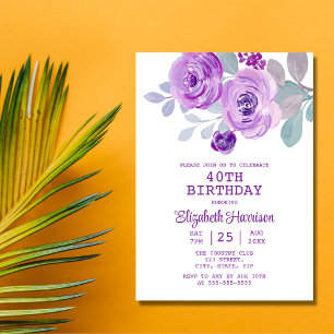 Pastel Lila Ro Blommigt Grey 40:e födelsedagen Inbjudningar