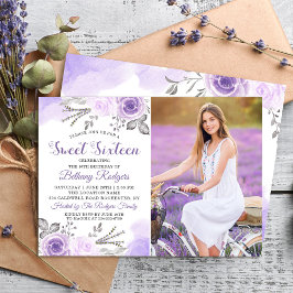 Pastel Lila Ro Garden Sweet 16 Birthday Photo Inbjudningar