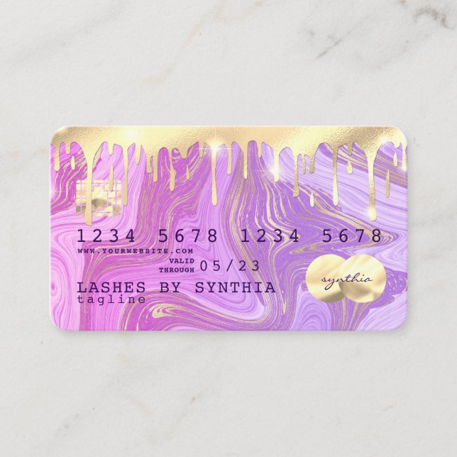 Pastel lila rosa guld droppar marmor Kredit Card Visitkort (Framsida)